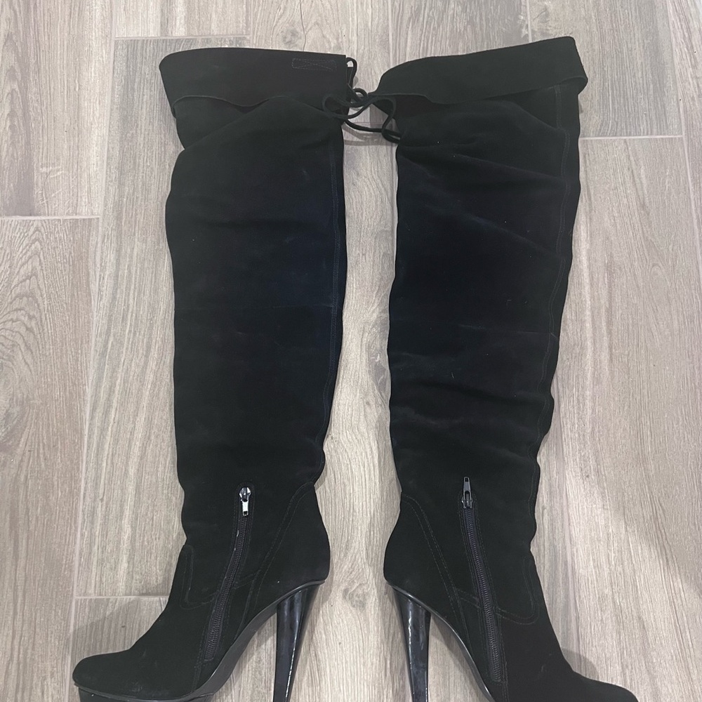 Steve Madden Boots Black Suede Xennon 5" Heel Over The Knee Size 7 Rock Band